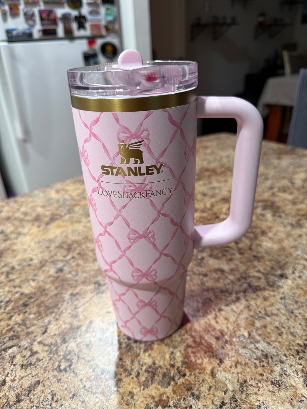 Stanley Pink Patterned Travel Mug with Gold Logo
